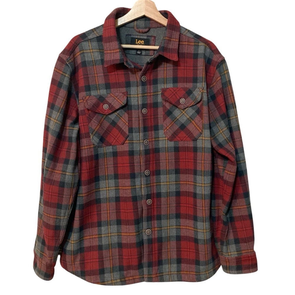 LEE Plaid Thermal Lined Shirt Jacket Red, Grey, Black and Gold Flannel Shacket